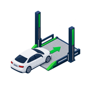 Car driving onto an automated car lift platform