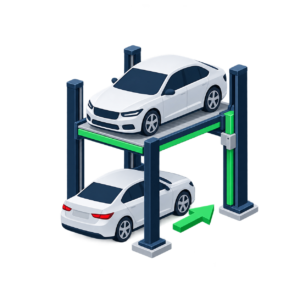 Car parked safely below ground on a car lift