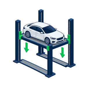 Automated car lift lowering and retrieving a parked car