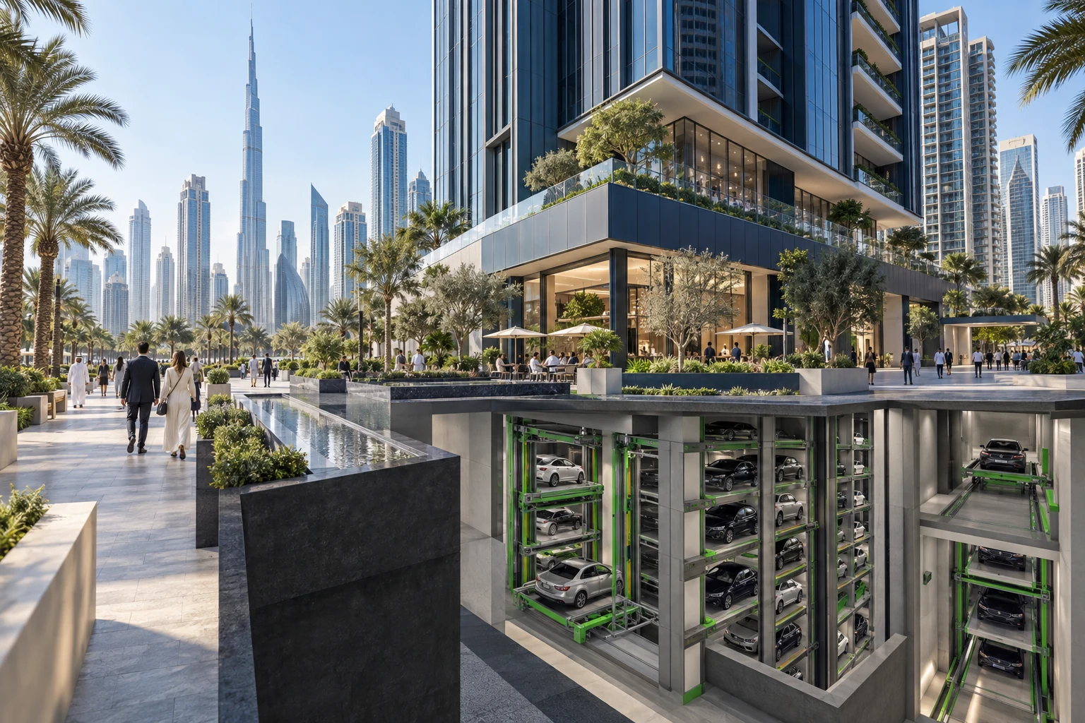 Automated parking integrated beneath a modern Dubai mixed-use development