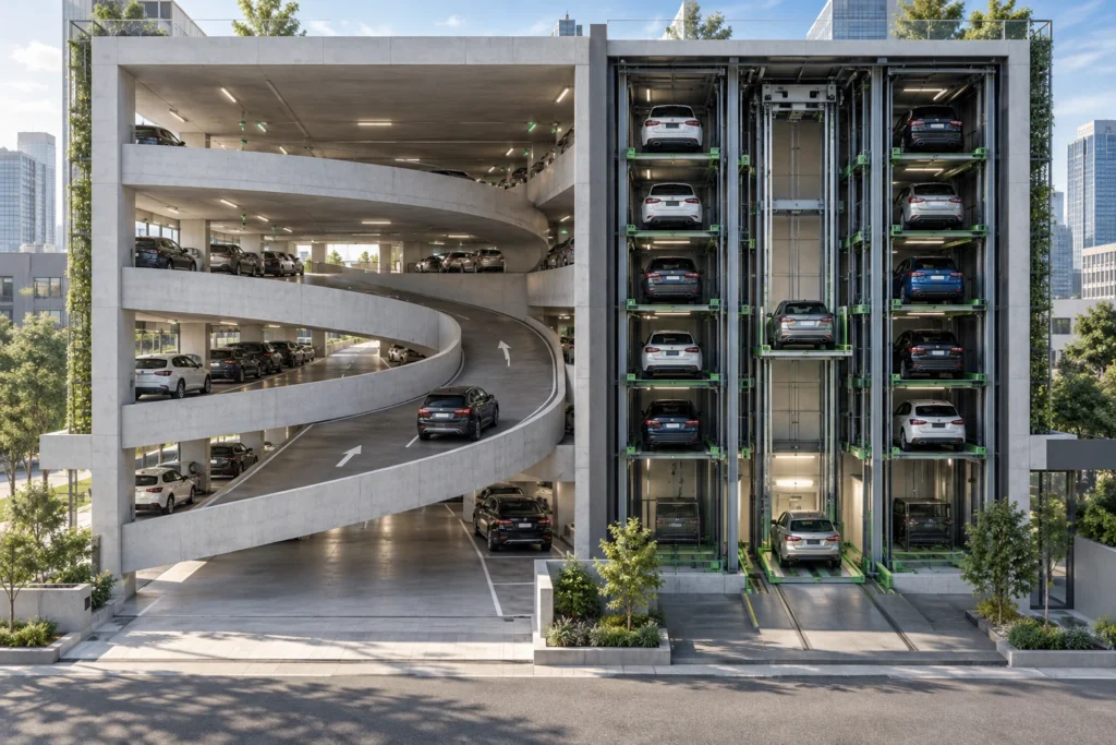 Side-by-side comparison of a conventional ramped garage and compact automated parking