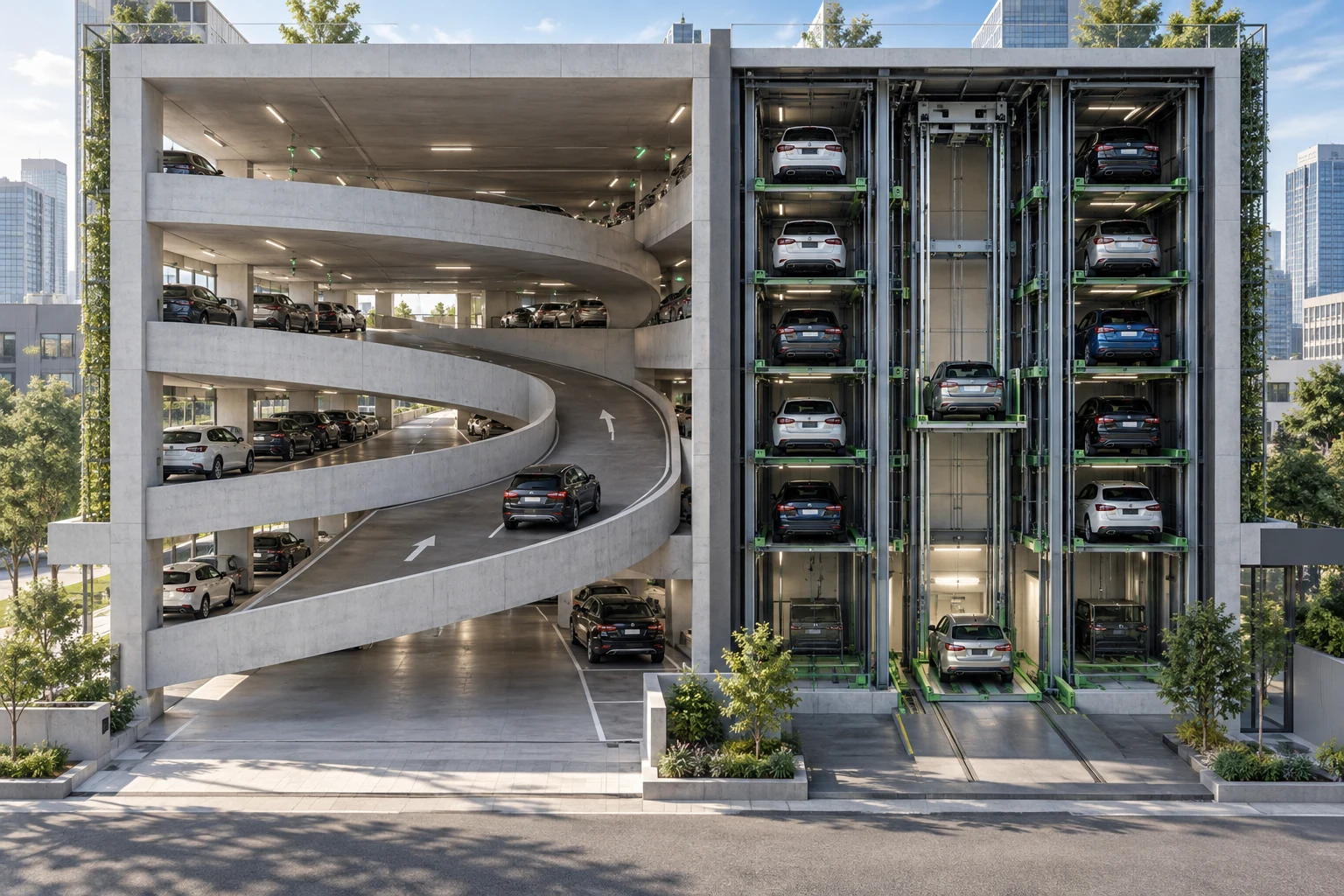 Side-by-side comparison of a conventional ramped garage and compact automated parking