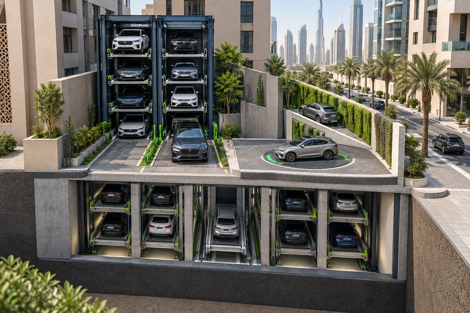 Space-saving parking systems integrated into a constrained urban site