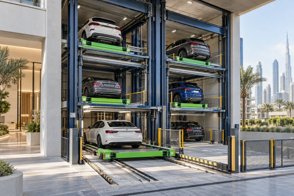 Multi-level stack parking platforms storing vehicles vertically
