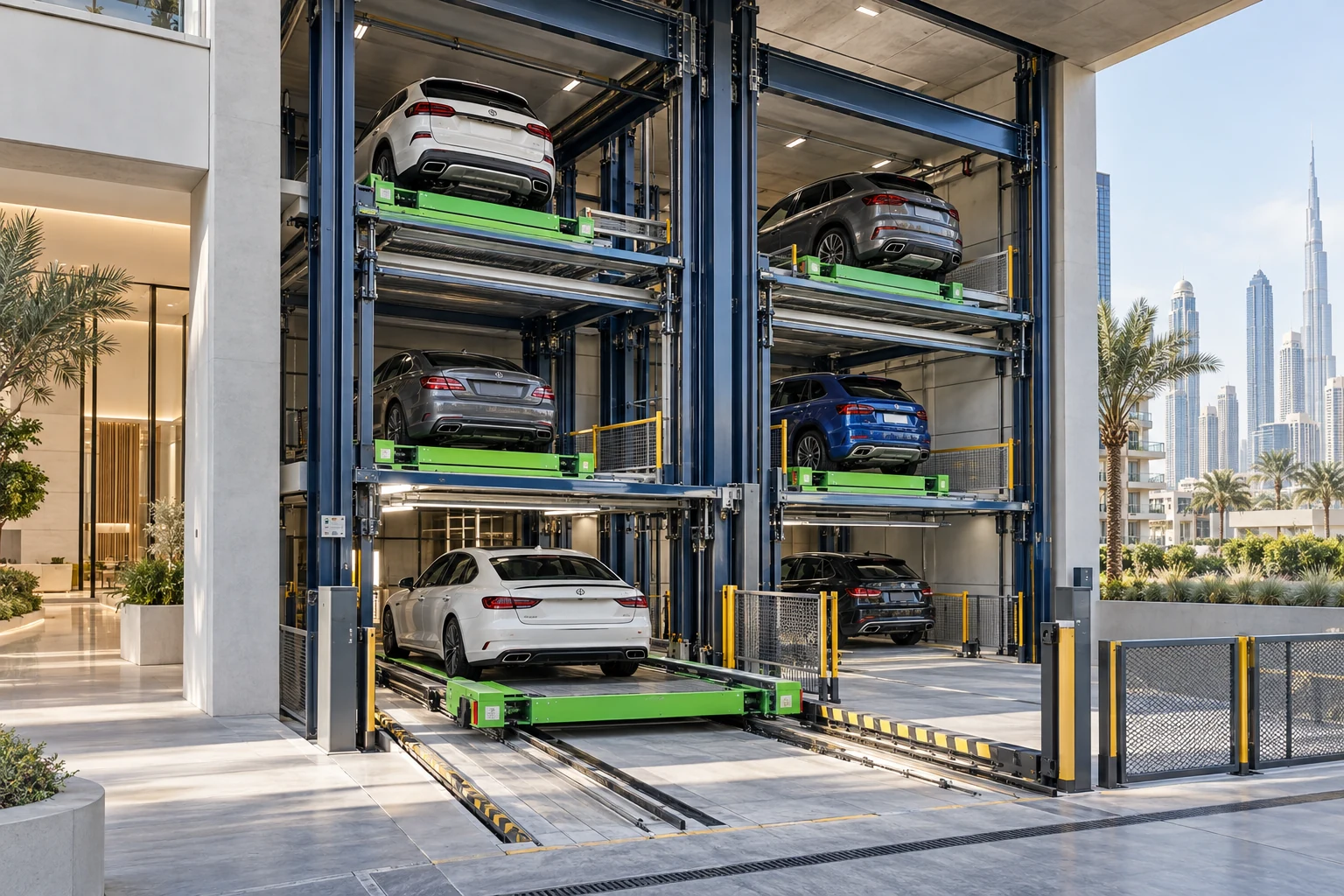 Multi-level stack parking platforms storing vehicles vertically