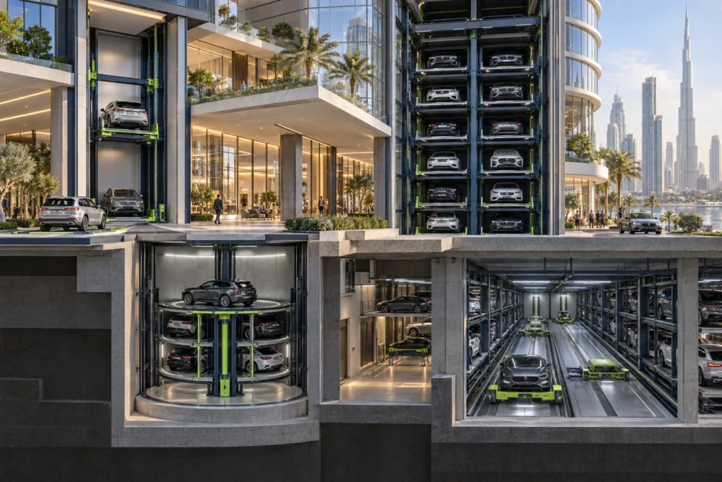 Architectural cutaway showing several types of automated parking systems