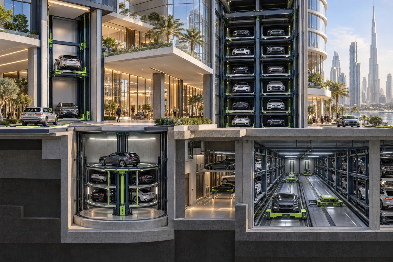 Architectural cutaway showing several types of automated parking systems
