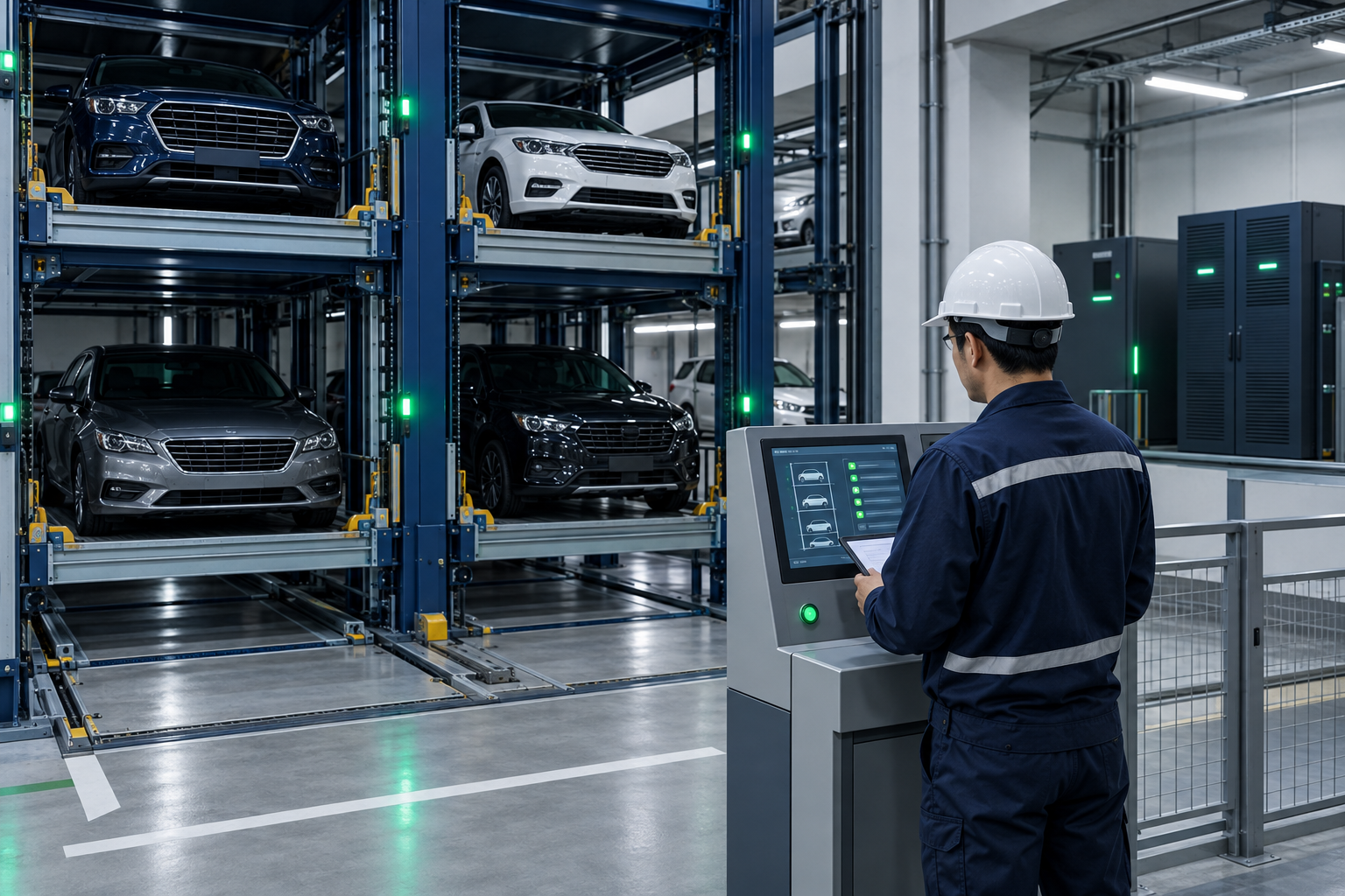 Technician safely diagnosing an automated parking system at its control panel
